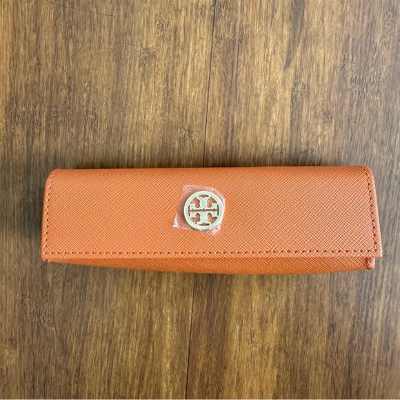 Tory Burch Eye Glasses Case Small Magnetic Snap Close Orange TB Logo Skinny Tiny - Picture 1 of 9